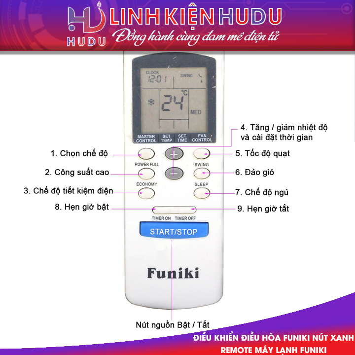 Điều khiển điều hòa Funiki nút xanh