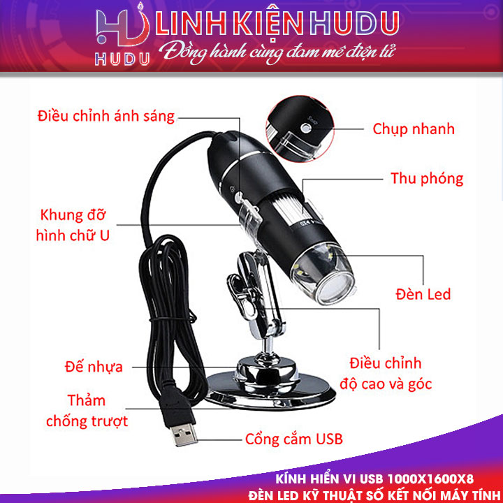 Kính hiển vi USB 1000X1600X8 Đèn LED Kỹ Thuật Số kết nối máy tính