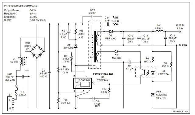 Sơ đồ nguồn Top250 đầu ra 12V 2.5A